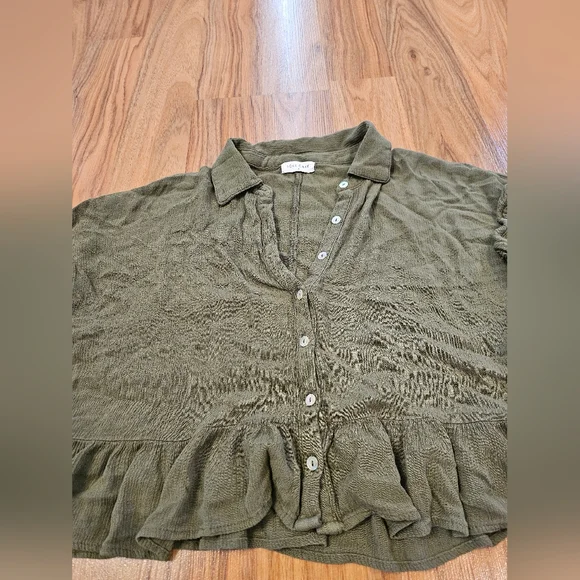 Soul Cake Cropped Olive Green Ruffled Cottagecore Button Up Y2K 90s Fairycore - Picture 5 of 15
